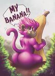  anthro banana bitfly butt digital_media_(artwork) english_text food fruit fur jungle kougi looking_at_viewer looking_back male mammal monkey nude outside primate purple_eyes purple_fur raised_tail signature sitting solo text 