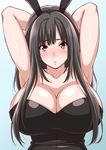  animal_ears armpits arms_behind_head black_hair blush breasts brown_eyes bunny_ears bunnysuit cleavage gradient gradient_background highres kamizaki_makoto large_breasts long_hair looking_at_viewer seiren shouji_nigou solo 