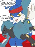  2018 ambiguous_gender anthro anthro_on_anthro black_fur blue_fur butt butt_focus crossover dialogue digimon domination english_text fangs fur gaomon headband nintendo nude on_lap over_knee pok&eacute;mon pok&eacute;mon_(species) riolu sitting smile spanking speech_bubble tears text video_games white_fur winick-lim yellow_eyes 