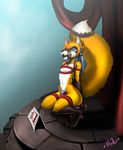  anthro bdsm bleats blindfold canine chastity fox gag hands_behind_back male mammal navel public_use ring_gag solo wide_hips 