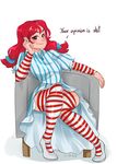  1girl absurdres blue_bow blush breasts brown_eyes dress english freckles full_body hair_bow highres legs_crossed long_hair medium_breasts pinstripe_pattern red_hair sitting smug solo striped striped_legwear text thighhighs twintails wendy&#039;s wendy_(wendy&#039;s) 