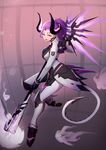  alternate_costume bars bodysuit breasts dark_persona demon_horns facial_mark faulds forehead_mark full_body gradient gradient_background highres hitodama holding holding_staff horns imp_mercy lips lipstick lochris looking_at_viewer makeup mechanical_wings medium_breasts mercy_(overwatch) overwatch parted_lips patch ponytail purple_background purple_eyes purple_hair purple_wings solo staff wings 