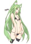  animal_ears bangs bikini black_bikini black_legwear blush breasts collarbone commentary_request crescent crescent_hair_ornament cropped_legs goekawa green_eyes green_hair hair_ornament kantai_collection long_hair looking_at_viewer nagatsuki_(kantai_collection) navel open_mouth simple_background sketch small_breasts solo swimsuit thighhighs twitter_username white_background 