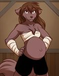  anthro belly breasts brown_fur brown_hair canine chest_tuft chest_wraps clothing edit female fur hair heterochromia keidran looking_at_viewer mammal muscular natani pregnant shorts smug solo tom_fischbach tuft twokinds wolf wraps 