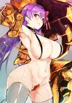  absurdres areola_slip areolae armpits arms_behind_head ass_visible_through_thighs bare_shoulders breasts claws covered_nipples covering covering_crotch crotch_plate fate/extra fate/extra_ccc fate_(series) groin halterneck highres hiranko huge_breasts lips long_hair looking_at_viewer navel partially_visible_vulva passion_lip purple_eyes purple_hair revealing_clothes sideboob skindentation solo standing thighs very_long_hair white_legwear 