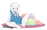  arm_support bad_id bad_pixiv_id bare_legs barefoot blue_eyes blush bow eromanga_sensei eyebrows_visible_through_hair hair_bow highres izumi_sagiri jacket litsvn long_hair looking_at_viewer no_pants panties panties_removed pink_bow pink_panties revision side-tie_panties silver_hair simple_background sitting solo spread_legs stuffed_animal stuffed_octopus stuffed_toy underwear untied untied_panties white_background 