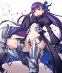  :d armor armored_boots bangs belt blue_eyes blue_ribbon boots crotch_plate fate/extra fate/extra_ccc fate_(series) hair_ribbon highres long_hair long_sleeves looking_at_viewer meltlilith mokyu navel open_mouth petals puffy_long_sleeves puffy_sleeves purple_hair revealing_clothes ribbon simple_background smile solo spikes stomach thighhighs very_long_hair white_background 