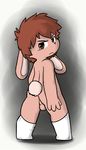  2017 annoyed anthro backsack balls brown_eyes brown_nose cub ears_down frown fur hair lagomorph looking_at_viewer looking_back male mammal nude oob perineum pink_fur pinup pose rabbit rabbit_tail rear_view red_hair short_hair simple_background solo standing young 