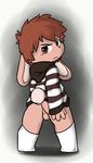  2017 annoyed anthro backsack balls bottomless brown_eyes brown_nose clothed clothing cub ears_down frown fur hair hoodie lagomorph legwear looking_at_viewer looking_back male mammal oob perineum pink_fur pinup pose rabbit rabbit_tail rear_view red_hair short_hair simple_background socks solo standing young 