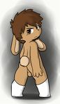  2017 annoyed anthro backsack balls brown_eyes brown_fur brown_hair brown_nose cub ears_down frown fur hair lagomorph looking_at_viewer looking_back male mammal nude oob perineum pinup pose rabbit rabbit_tail rear_view short_hair simple_background solo standing young 