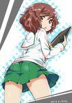  akiyama_yukari artist_name bangs blouse brown_eyes brown_hair cowboy_shot dated from_behind girls_und_panzer green_skirt highres holding long_sleeves looking_at_viewer looking_back messy_hair miniskirt mokyutan ooarai_school_uniform parted_lips pleated_skirt school_uniform serafuku short_hair signature skirt solo tank_shell white_blouse 