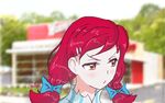  1girl blush freckles hair_bow hairclip half-closed_eyes looking_away pout red_hair restaurant solo tsundere twintails wendy&#039;s wendy_(wendy&#039;s) 