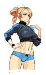  abs ass_visible_through_thighs blonde_hair blush breasts cameltoe commentary cowboy_shot hand_on_hip medium_breasts midriff navel nisetanaka original ponytail shiny shiny_skin shorts smile solo sports_bikini sportswear thick_eyebrows toned watch wristwatch 