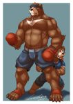  2017 absurd_res anthro biceps chest_tuft clothing enaeric father father_and_son fur hi_res male mammal muscular muscular_male nipples parent pecs son tuft ursine young 