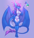  4_toes anthro blue_eyes breasts dragon featureless_breasts featureless_crotch female hair membranous_wings navel oksara solo toes wide_hips wings 