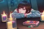  blue_jacket brown_eyes brown_hair candle candlelight cellphone closed_mouth commentary_request crossed_arms door flip_phone hair_ornament hairclip hood hooded_jacket indoors jacket kakotomirai let_it_die lips looking_at_viewer naomi_detox nose phone solo table 