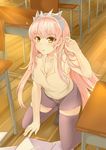  absurdres adjusting_hair blush breasts cleavage desk eyebrows_visible_through_hair fate/grand_order fate_(series) gu_li highres long_hair looking_at_viewer medb_(fate)_(all) medb_(fate/grand_order) medium_breasts pink_hair school_desk school_uniform shorts skindentation solo squatting thighhighs yellow_eyes 