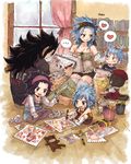  2boys 3girls black_hair blue_hair book bookshelf brown_eyes cat cleavage crayons curtains drawing fairy_tail family gajeel_redfox hairband heart if_they_mated levy_mcgarden multiple_boys multiple_girls overalls pantherlily piercing rusky sitting stuffed_animal tagme window 