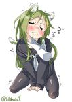  animal_ears bangs between_legs black_legwear black_serafuku blush cat_ears cat_tail chin_tickle closed_mouth cowboy_shot crescent crescent_hair_ornament cropped_legs ebifurya eyebrows_visible_through_hair green_hair hair_between_eyes hair_ornament hand_between_legs highres kantai_collection kemonomimi_mode long_hair long_sleeves nagatsuki_(kantai_collection) necktie no_pants pantyhose parted_bangs school_uniform serafuku sidelocks simple_background solo_focus tail trembling twitter_username wavy_mouth white_background white_neckwear 