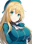  aqua_eyes atago_(kantai_collection) beret black_gloves blonde_hair blue_hat blush breast_lift breasts buttons closed_mouth eyebrows_visible_through_hair frilled_sleeves frills fur_collar gloves hand_on_own_cheek hat kantai_collection large_breasts long_hair long_sleeves looking_at_viewer neckerchief shikuro_(iorimiyakiyo) simple_background smile solo white_background white_neckwear 