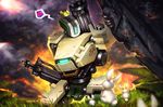  ayya_saparniyazova bastion_(overwatch) bird bunny commentary flower ganymede_(overwatch) gatling_gun grass gun heart highres machine_gun no_humans overwatch robot rock weapon 