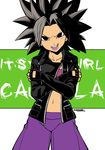 artist_name black_eyes black_gloves black_hair caulifla commission crossed_arms dragon_ball dragon_ball_super english eudetenis fingerless_gloves gloves highres jacket looking_at_viewer midriff navel open_mouth signature solo spiked_hair 