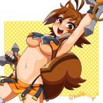  1girl animal_ears arm_up bare_shoulders blazblue blush breasts brown_eyes brown_hair fingerless_gloves gloves hida_naria large_breasts looking_at_viewer makoto_nanaya microskirt multicolored_hair navel open_mouth orange_skirt revealing_clothes short_hair skirt smile solo squirrel_ears squirrel_girl squirrel_tail tail tonfa two-tone_hair underboob weapon 