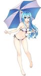  :d bandeau bare_legs bare_shoulders barefoot bikini blue_eyes blue_hair breasts cleavage full_body hair_between_eyes kuro_(kuronell) long_hair medium_breasts navel open_mouth original outstretched_arm parasol side-tie_bikini sidelocks simple_background smile solo string_bikini swimsuit umbrella white_background white_bikini 