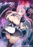  apron bat_wings blush breasts cleavage copyright_name cowboy_shot demon_girl demon_horns demon_tail demon_wings frills full_moon heart horns large_breasts long_hair looking_at_viewer maid maid_apron moon open_mouth pink_eyes pink_hair red_moon sega skirt smile solo succubus tail thighhighs tsuji_santa wings 