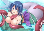  between_breasts blue_eyes blue_hair blush breasts consensual_tentacles head_fins hemogurobin_a1c japanese_clothes kimono large_breasts looking_at_viewer lying mermaid monster_girl nipples obi octopus on_stomach partially_submerged puffy_nipples sash smile solo sparkle tentacles touhou wakasagihime water 