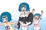  absurdres blue_eyes blue_hair blush_stickers character_print color_connection cosplay detached_sleeves frills garter_straps gen_1_pokemon hair_color_connection hair_ornament hairband highres hou_(pokemon) maid maid_headdress multiple_girls open_mouth pokemon pokemon_(anime) pokemon_sm_(anime) print_shirt re:zero_kara_hajimeru_isekai_seikatsu rem_(re:zero) rem_(re:zero)_(cosplay) sarujie_(broken_monky) shellder shirt short_hair siblings sisters skirt skirt_flip slowpoke sui_(pokemon) suiren_(pokemon) tears thighhighs twins wavy_mouth x_hair_ornament 