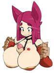  :3 alternate_hairstyle between_breasts black_eyes blush breast_tattoo breasts closed_mouth collarbone highres hot_dog huge_breasts long_hair nellko_agogo original pink_hair sexually_suggestive slugbox straight_hair tattoo thick_eyebrows upper_body 