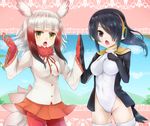  bangs black_hair black_jacket blunt_bangs brown_eyes covered_navel cowboy_shot emperor_penguin_(kemono_friends) feather-trimmed_sleeves gradient_hair hair_over_one_eye head_wings headphones highleg highleg_leotard jacket japanese_crested_ibis_(kemono_friends) kemono_friends leotard long_hair long_sleeves looking_at_viewer masaki_kazusa multicolored_hair multiple_girls open_clothes open_jacket open_mouth palms_together pantyhose pleated_skirt red_hair red_legwear red_skirt shirt skirt tail thighhighs two-tone_hair white_hair white_legwear white_leotard white_shirt yellow_eyes 