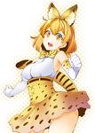  animal_ears armpits ayakase_riberi bangs bare_shoulders blonde_hair blush bow bowtie breasts cowboy_shot elbow_gloves extra_ears gloves high-waist_skirt highres kemono_friends looking_at_viewer medium_breasts open_mouth polka_dot polka_dot_bow polka_dot_neckwear print_gloves print_neckwear print_skirt serval_(kemono_friends) serval_ears serval_print serval_tail shirt short_hair skirt sleeveless sleeveless_shirt solo striped_tail tail yellow_eyes 