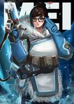  2016 absurdres adjusting_eyewear artist_name beads belt belt_pouch black-framed_eyewear blue_gloves blue_legwear brown_eyes brown_hair canister canteen character_name closed_mouth coat dated fur_coat fur_trim glasses gloves gun hair_bun hair_ornament hair_stick highres holding holding_weapon hose mei_(overwatch) overwatch parka pouch short_hair snowflake_hair_ornament solo utility_belt weapon winter_clothes winter_coat 
