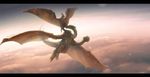  battle claws cloud commentary dragon dragon_wings fangs godzilla_(series) green_hair highres horns inkveil-matter kaijuu king_ghidorah long_hair monster multiple_heads multiple_tails no_humans open_mouth realistic rodan scales sharp_teeth size_difference sky star sunset tail teeth wings 