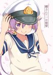  akebono_(kantai_collection) bell commentary_request falling_petals flower gradient gradient_background hair_bell hair_between_eyes hair_flower hair_ornament hands_on_headwear hat jingle_bell kantai_collection long_hair military_hat peaked_cap petals pink_background purple_eyes purple_hair school_uniform serafuku shino_(ponjiyuusu) short_sleeves side_ponytail smile solo translated upper_body 