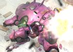  armor bangs bodysuit brown_eyes brown_hair cannon character_name d.va_(overwatch) facial_mark firing gatling_gun gloves gun headphones highres logo long_hair mecha meka_(overwatch) open_mouth overwatch pilot_suit solo weapon whisker_markings white_gloves yoon_lee 