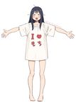  &gt;_&lt; 2017 :d artist_name barefoot black_hair blush_stickers closed_eyes clothes_writing full_body i_heart... kitashirakawa_tamako long_hair momose_(oqo) open_mouth outstretched_arms oversized_clothes shirt simple_background smile solo standing t-shirt tamako_market white_background white_shirt 