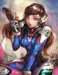  absurdres bangs between_legs bodysuit boots bracer breasts breasts_apart brown_eyes brown_hair candy cloud cloudy_sky cowboy_shot d.va_(overwatch) dated eyelashes facepaint facial_mark finger_on_trigger food gloves gun hand_between_legs handgun headphones highres holding holding_gun holding_weapon jay_b_lee lips lipstick lollipop long_hair long_sleeves makeup mecha medium_breasts meka_(overwatch) overwatch parted_lips pauldrons pilot_suit pink_lips pink_lipstick revision ribbed_bodysuit ruins shoulder_pads signature sitting skin_tight sky solo thigh_boots thigh_strap thighhighs turtleneck weapon whisker_markings white_gloves 