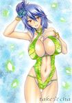 1girl artist_name bare_arms bare_midriff bare_shoulders bare_thighs blue_hair blush bracelet breasts cleavage flower flower_on_head hair_ornament hand_on_chest hand_on_head konan large_breasts lipstick midriff naruto navel orange_eyes short_hair smile swimsuit takecha 