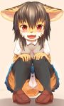  2017 24cakes anthro black_hair butt camel_toe clothing crouching feline female footwear front_view fur hair kemono legwear looking_at_viewer low-angle_view mammal open_mouth panties panty_shot red_eyes shoes simple_background skirt solo striped_fur stripes thigh_highs underwear upskirt yellow_fur young 