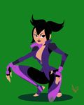  ashi_(samurai_jack) barefoot black_eyes black_hair bodysuit breasts commentary cosplay diepod eyebrows fingerless_gloves flat_color gloves green_background hair_between_eyes han_juri han_juri_(cosplay) high_collar lips lipstick makeup medium_breasts no_bra one_knee parody samurai_jack short_twintails slender_waist solo spiked_hair street_fighter street_fighter_v style_parody toeless_legwear twintails 