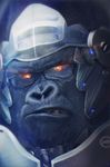 armor derivative_work face glasses glowing glowing_eyes gorilla male_focus no_humans orange_eyes overwatch photo-referenced power_armor solo winston_(overwatch) yellow_eyes 