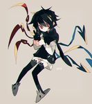  &gt;:( absurdres alternate_costume animal_band_legwear artist_name asymmetrical_wings black_hair cat_band_legwear cellphone chromatic_aberration commentary_request frown grey_background highres hood hoodie houjuu_nue kere_(kere9r) phone red_eyes short_hair slippers solo thighhighs touhou v-shaped_eyebrows wings zettai_ryouiki 