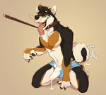  2017 anthro black_fur black_nose brown_fur bulge canine claws clothed clothing collar cum cum_in_underwear cum_through_clothing cum_through_underwear digital_drawing_(artwork) digital_media_(artwork) dog fur green_eyes huffpup kneeling leash male mammal multicolored_fur open_mouth pawpads paws shiba_inu simple_background smile solo tailwag tan_background tenting text tongue tongue_out topless underwear white_fur yoji-kun 