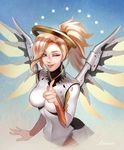  artist_name bangs blonde_hair blue_eyes bodysuit breasts eyebrows eyebrows_visible_through_hair hair_ornament hair_tie hand_up headwear high_collar highres large_breasts lips lipstick looking_at_viewer makeup mascara mechanical_halo mechanical_wings mercy_(overwatch) momori one_eye_closed overwatch pantyhose pink_lips pointing ponytail smile solo spread_wings star turtleneck upper_body wings yellow_wings 