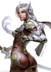  absurdres armor artist_name ass bodysuit breastplate breasts character_name closed_mouth cowboy_shot cyborg from_behind genderswap genderswap_(mtf) genji_(overwatch) gloves green_eyes highres holding holding_sword holding_weapon katana lips long_hair looking_at_viewer looking_back low-tied_long_hair mechanical_arm motion_blur no_headwear no_helmet overwatch raypier shuriken silver_hair small_breasts solo standing sword watermark weapon web_address white_background 