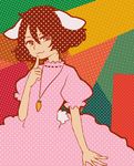  :3 animal_ears bangs brown_hair bunny_ears bunny_tail carrot_necklace colorful eyelashes finger_to_mouth hair_between_eyes halftone inaba_tewi looking_at_viewer multicolored multicolored_background oota_(ikumi1110) pink_hair puffy_short_sleeves puffy_sleeves red_eyes short_hair short_sleeves solo tail touhou 