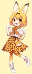  :&lt; :d adapted_costume animal_bag animal_ears animal_print ankle_boots bag belt black_ribbon blush boots brown_belt brown_ribbon clenched_hands cross-laced_clothes elbow_gloves extra_ears eyebrows_visible_through_hair eyelashes full_body gloves hair_between_eyes hands_up high-waist_skirt kemono_friends leg_lift looking_at_viewer mikan_(ama_no_hakoniwa) neck_ribbon no_nose open_mouth orange_background orange_eyes orange_hair outline paw_pose print_gloves print_legwear print_skirt ribbon serval_(kemono_friends) serval_ears serval_print shirt shoe_ribbon short_hair short_sleeves shoulder_bag simple_background skirt smile solo standing standing_on_one_leg tareme thighhighs white_footwear white_outline white_shirt 
